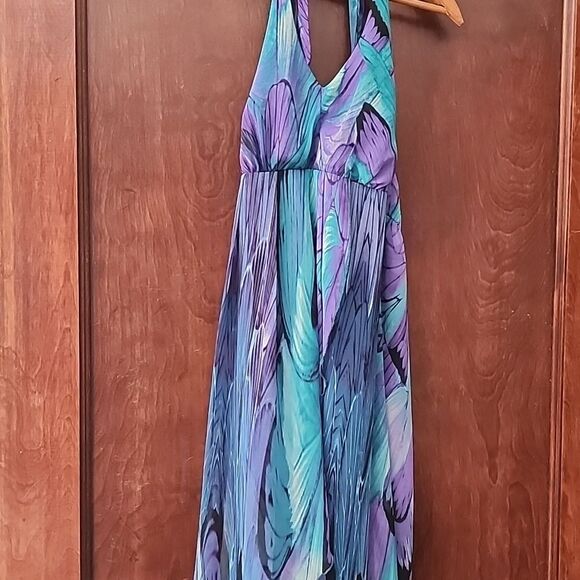 Enfocus Size 10 Aqua Purple High Low Halter Style Tie Dress - Picture 12 of 15